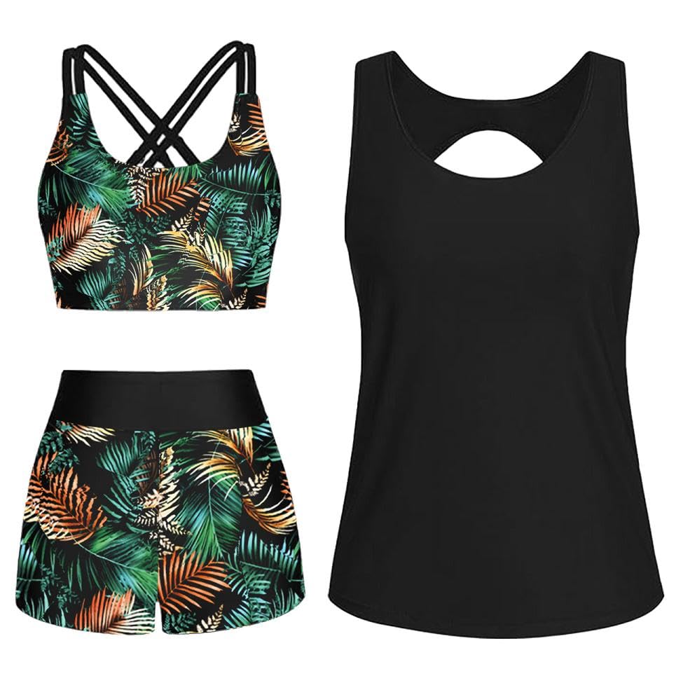 Joligiao Conjunto de Tankini para Mujer 3 Piezas Cuello Redondo Traje de Baño Push up y Pantalones Cortos de Baño de Cintura Alta Bañador Reductor Barriga(Negro,XL)