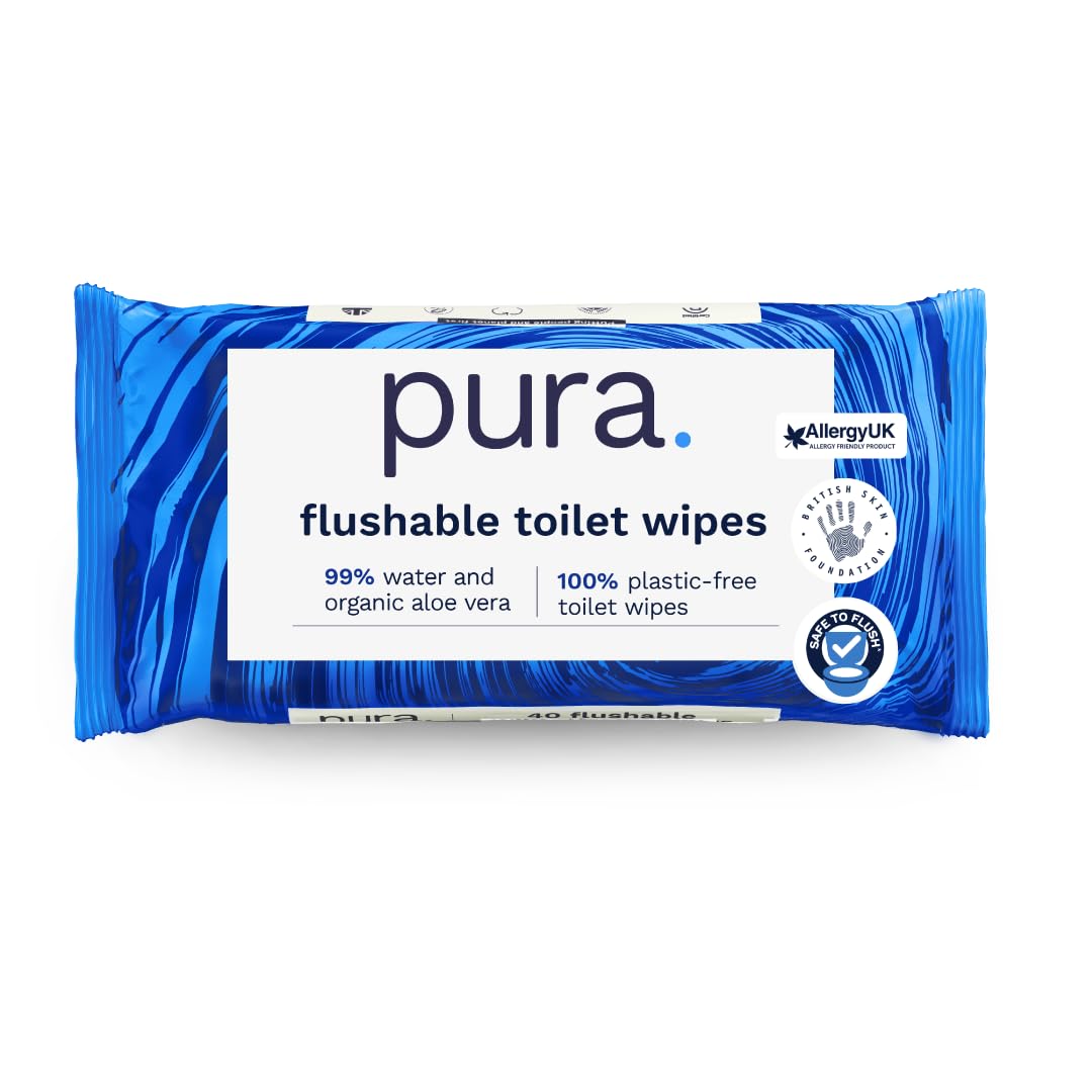 Aloe Pura Pura Flushable Moist Toilet Tissue Wipes, 1 Pack Of 40 Wet Wipes, 100% Plastic Free, 99% Water Clean Washlets, Certified ?Fine To Flush?