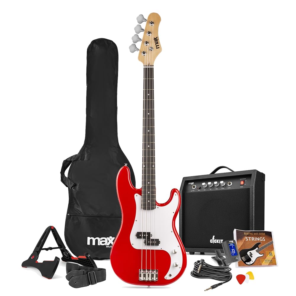 Max GigKit Beginner Bass Guitar Starter Pack - Complete Electric Bass Guitar Set with Amplifier, Red Finish, Accessories & 6 Months Lessons - Ideal for Learners & Starters