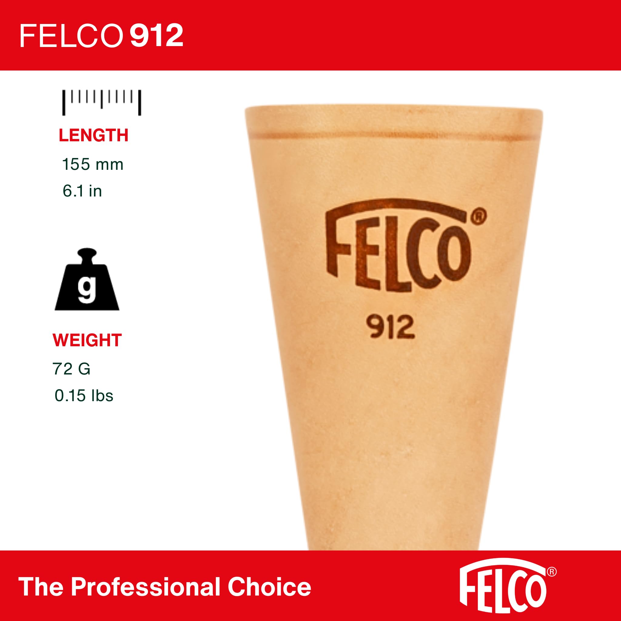FELCO 912 funda de cuero para tijera FELCO pequeña a mediana (S a M) compatible 14, 15, 16, 12, 17, cónica universal, fijación cinturón o clip, 150 mm, 65 g, fabricación suiza