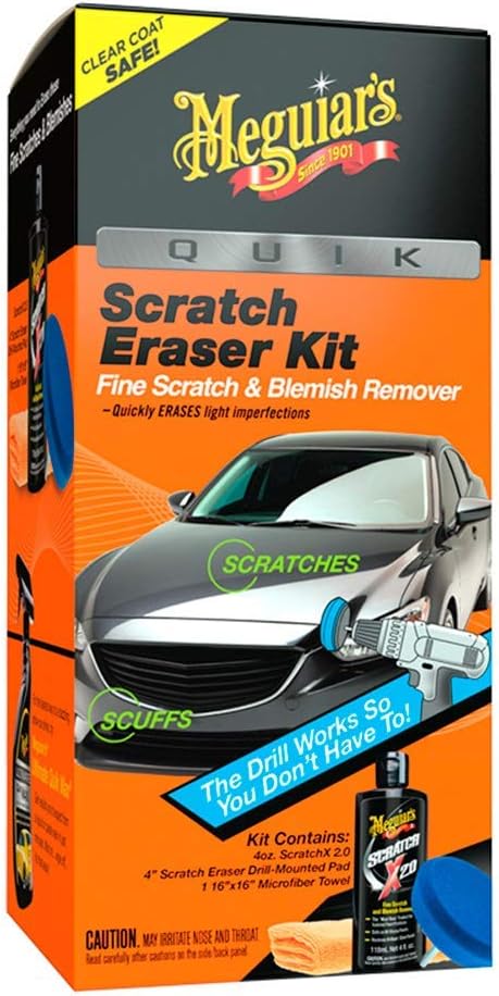 Meguiar's Quik Scratch Eraser Kit, auto krasverwijderaar die vlekken verwijdert, inclusief Meguiar's ScratchX, boorgemonteerde pad, microvezel handdoek