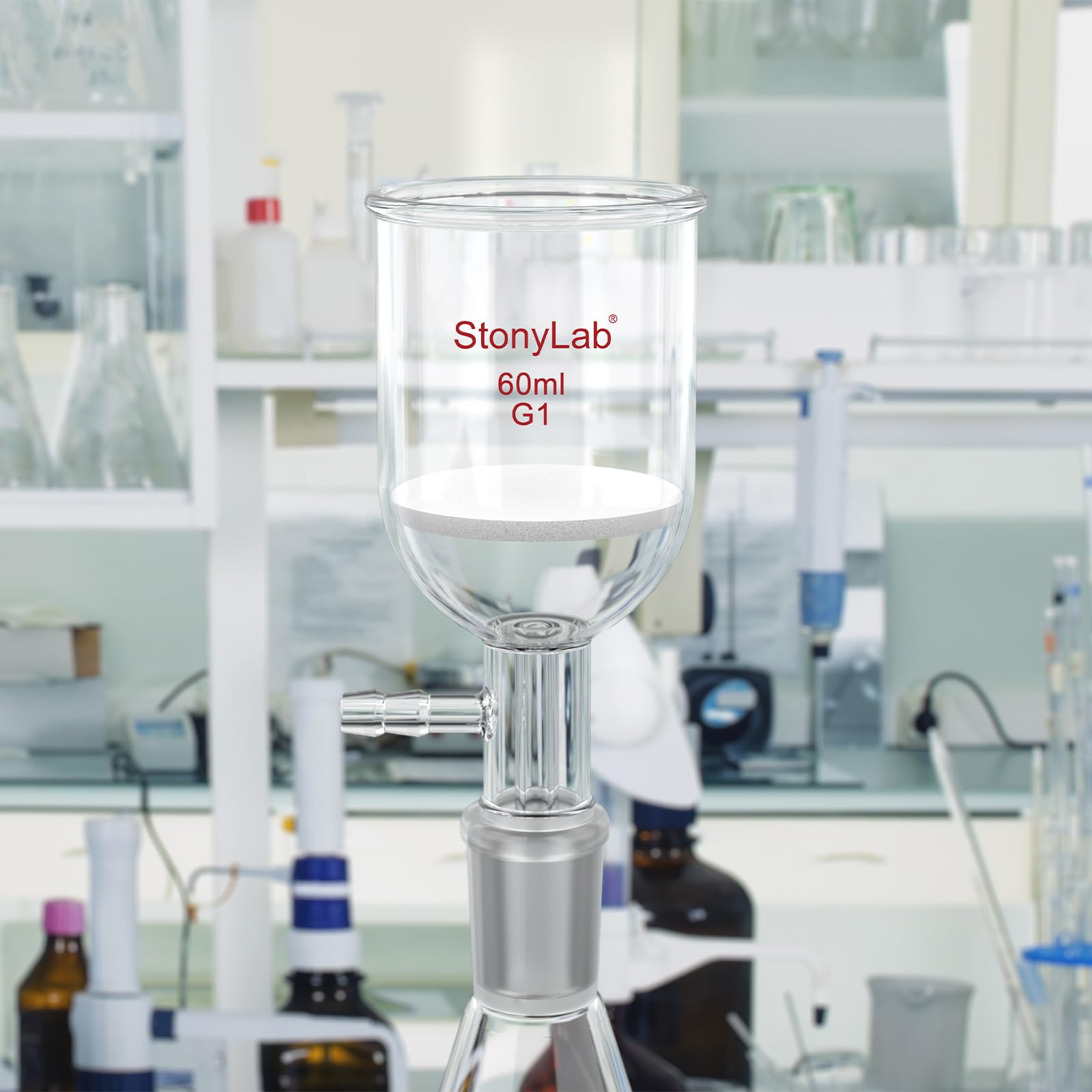 StonyLab borokrzemowy szklany lejek filtrujący z grubym frezem (G1), średnica wewnętrzna 46 mm, głębokość 60 mm, ze standardowym przegubem wewnętrznym 24/40 i ząbkowaną rurką próżniową (60 ml)