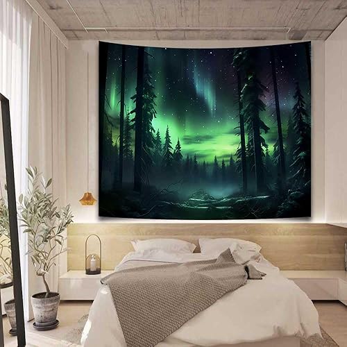 Miniatura 2 de GTOKIE0535 - Tapiz de bosque de auroras boreales de 100 x 90 pulgadas, diseño de pinos brumosos de aurora boreal, decoración estética de meditación
