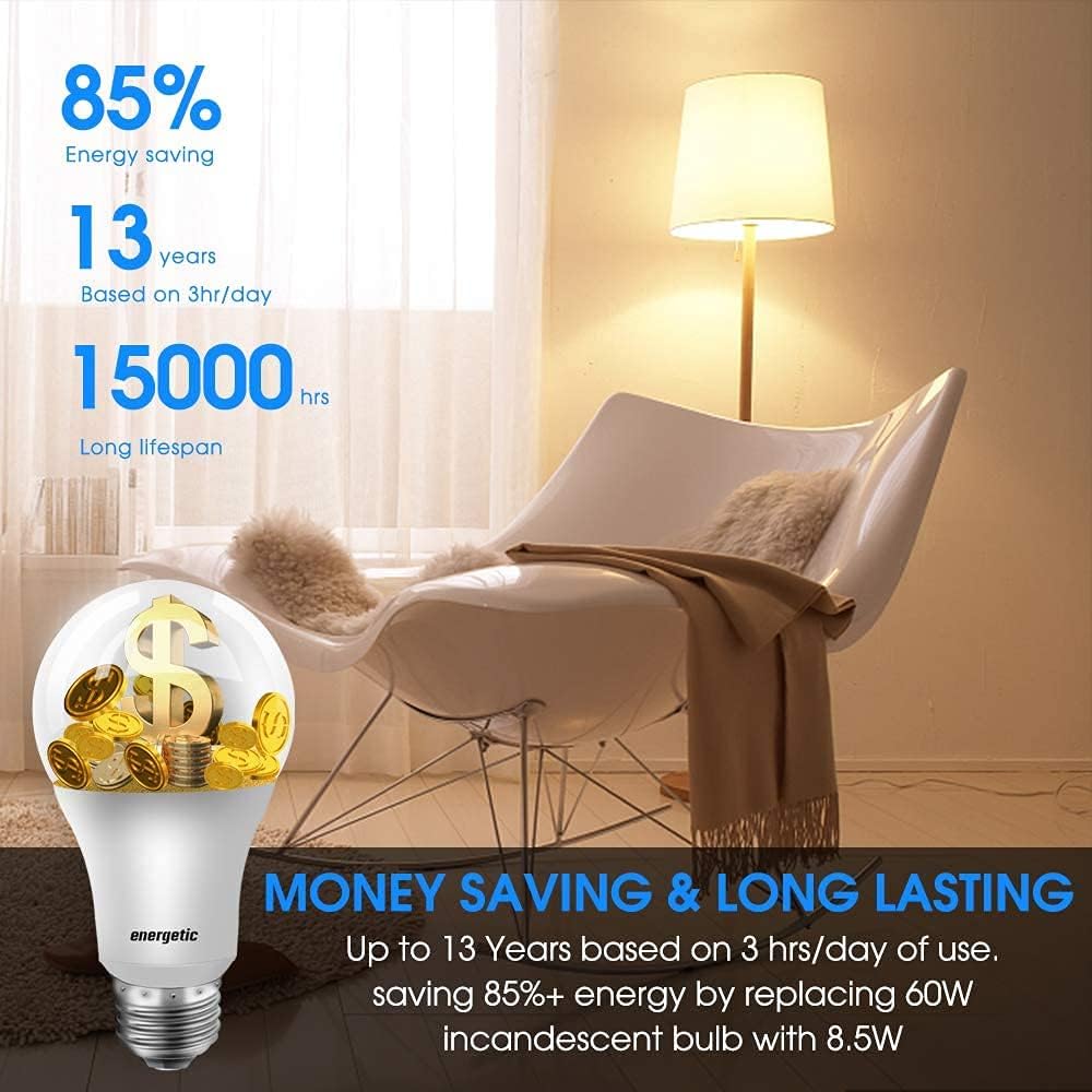 Energetic 24 Pack A19 LED Light Bulb, 60 Watt Equivalent, Soft White 2700K, E26 Medium Base, Non-Dimmable LED Light Bulb,15000 Hrs,UL Listed