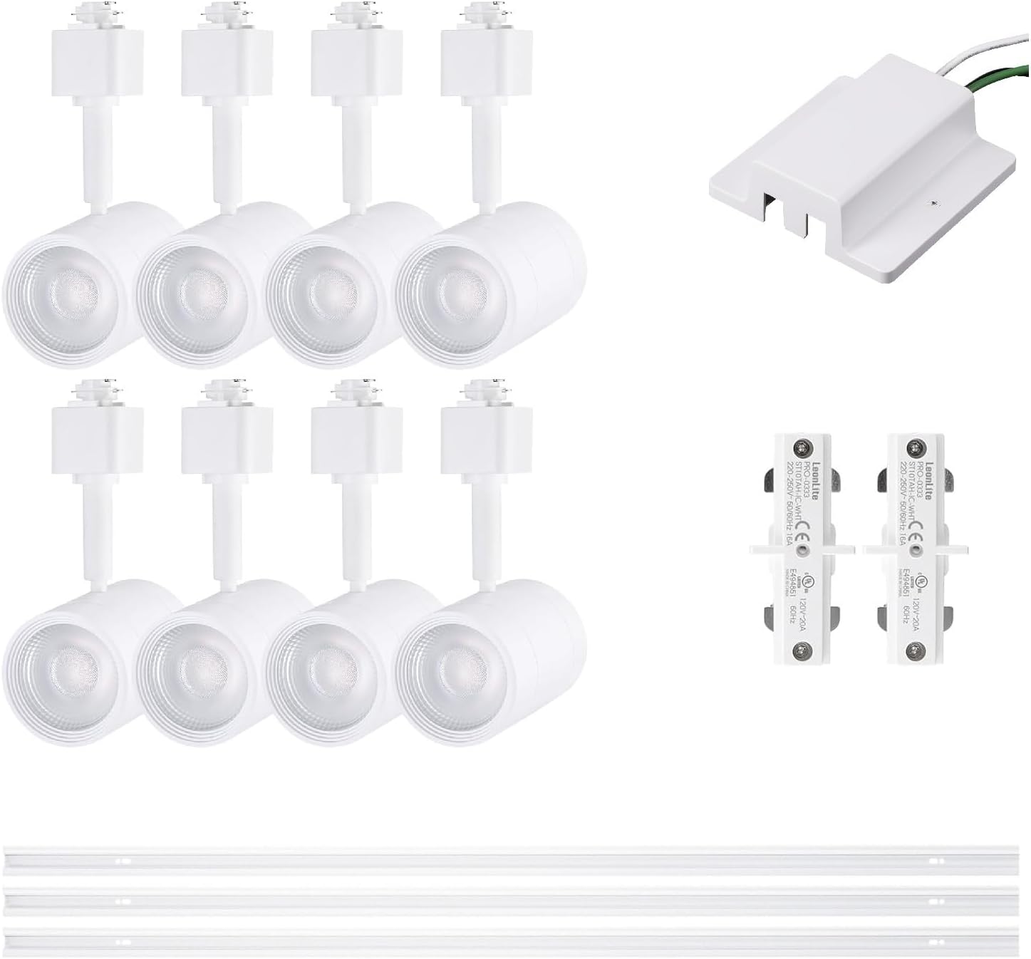 LEONLITE 8.5W 8 Lights LED Track Lighting Kit, (8) H Track Light Heads & 12FT Track Rail & (2) I Connectors & (1) Floating Canopy Connector, ETL, CRI90, 36° H Track Light, 4000K Cool White, White