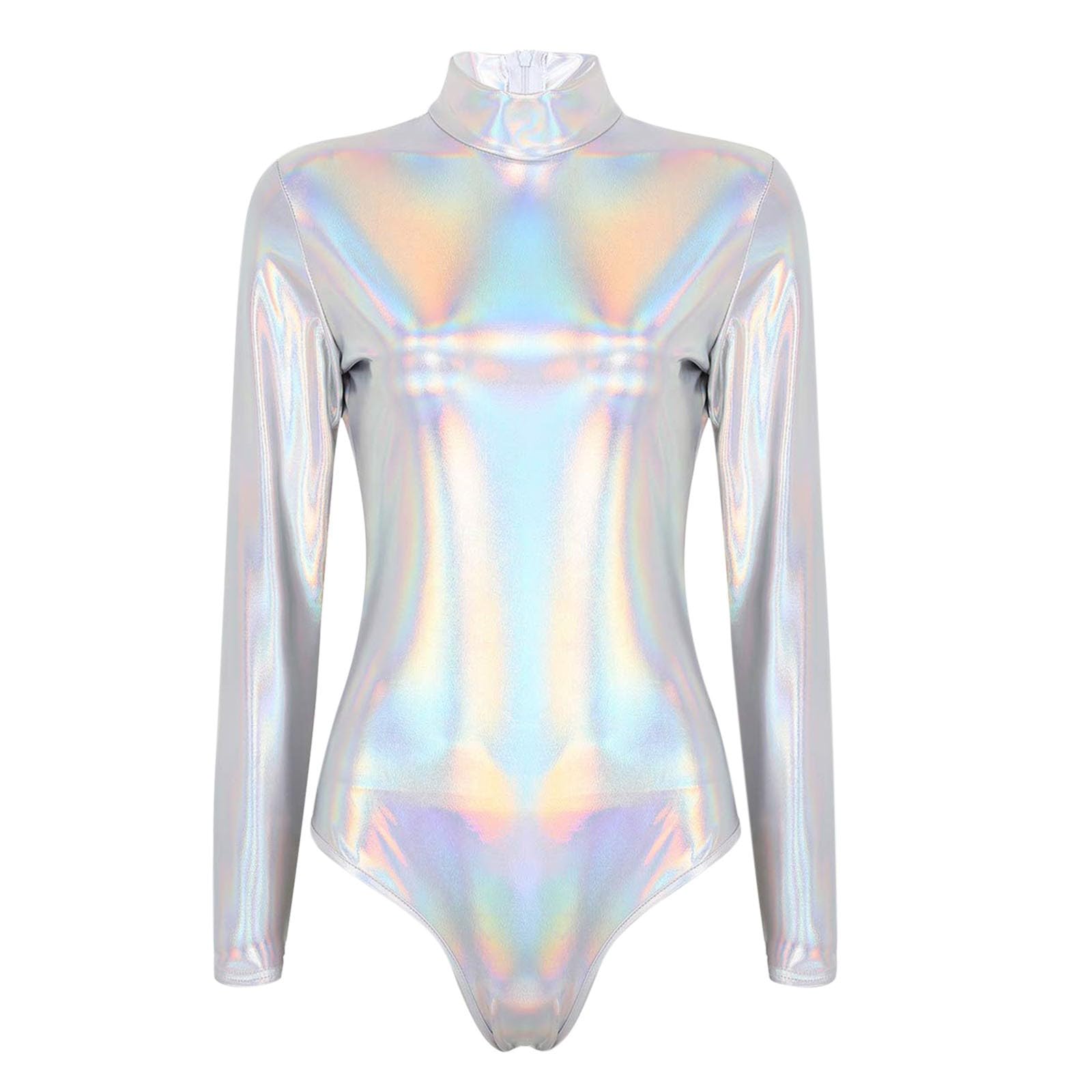 Damen Body Metallic Langarm Leotard Karneval Kleidung Silber Metallic Glänzende Ballettanzug Ballettbody Glitzer Body Trikot Langarm Bodysuit Einteiler Turnanzug Damen Gymnastikanzug