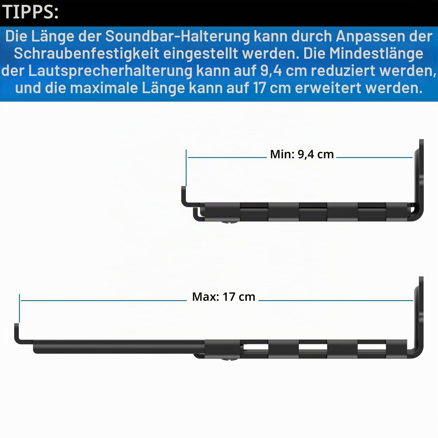 Soundbar Wandhalterung, Universale Lautsprecher Wandhalterung mit Tiefenverstellung, für Bose/Denon/Samsung Smart Soundbar, Soundbar Halterung am Tv mit rutschfeste Eva-Pads, bis max 15Kg