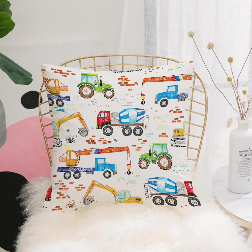 HYOSXW Cushion Cover,Throw Pillow Case Home Decorative for Living Room Bedroom Sofa Chair 16X16 Inch,kids drawn construction trucks tractor excavator crane cement mixer doodle seam,Pillowcase 40X40cm