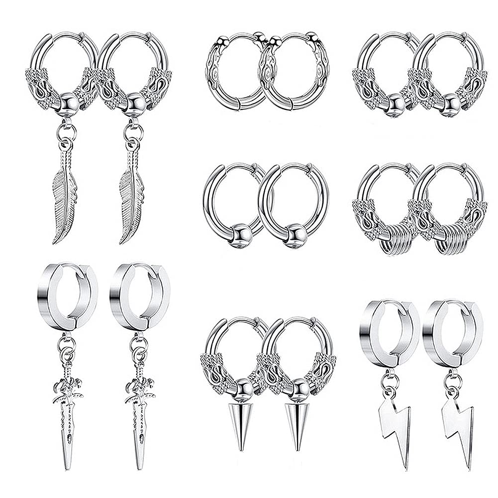Lassuzie Pendientes aro Hombre, Lassuzie 8 Pares Pendientes de Acero Inoxidable Aro Pendientes Aretes de Pluma Colgantes Pendientes Punk Gótico Pendientes Para Hombres Mujeres