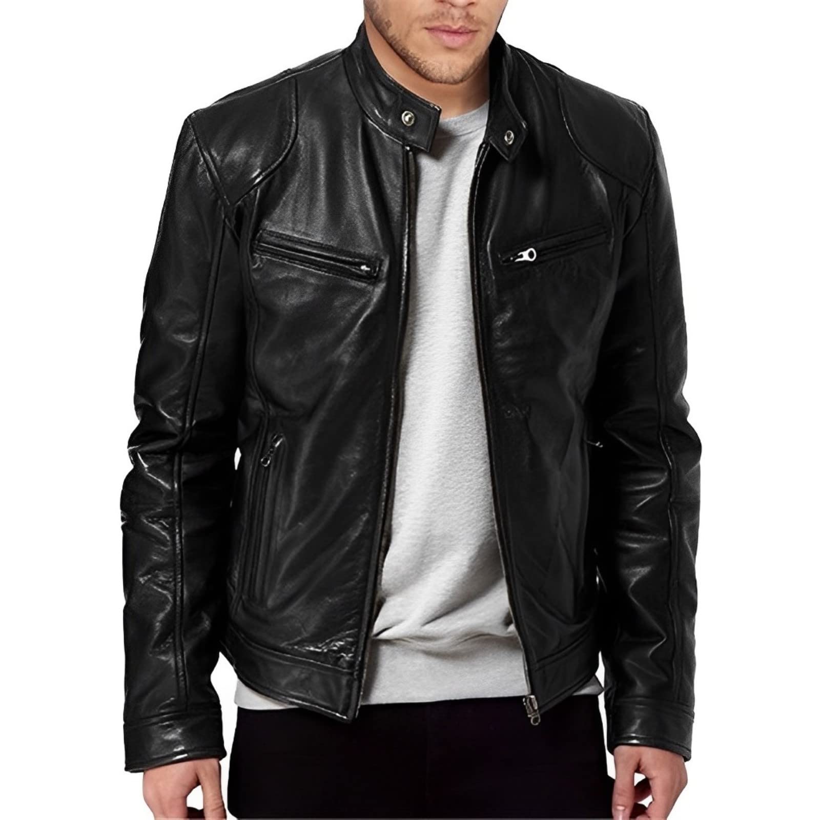 Generisch Laufjacke Herren Atmungsaktiv Reißverschluss Kunstleder Bikerjacke Langarm Jacke Laufsport Herren (Black, XXL)