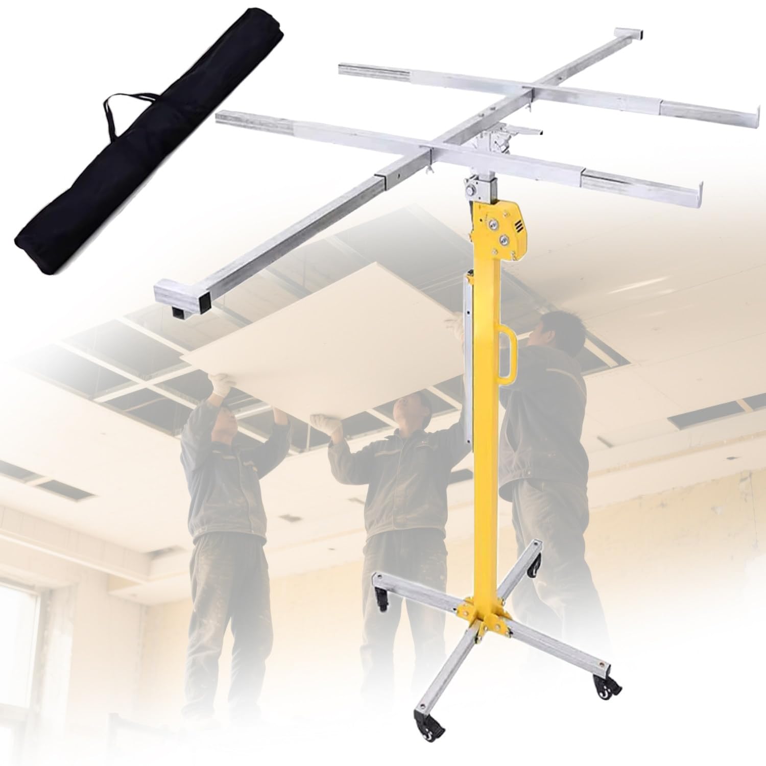 Trockenbau-Plattenheber, verzinkter Stahl, ausziehbare Höhe 3 m bis 5 m, 50 kg Tragkraft, 4 feststellbare Rollen für Stabilität, inklusive Stanzhalterung für Deckenmontage