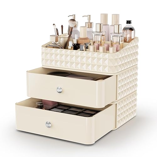 Rosoenvi Organizador de maquillaje para tocador, organizador apilable de cosméticos y almacenamiento, vitrinas de cosméticos con 2 cajones y 1