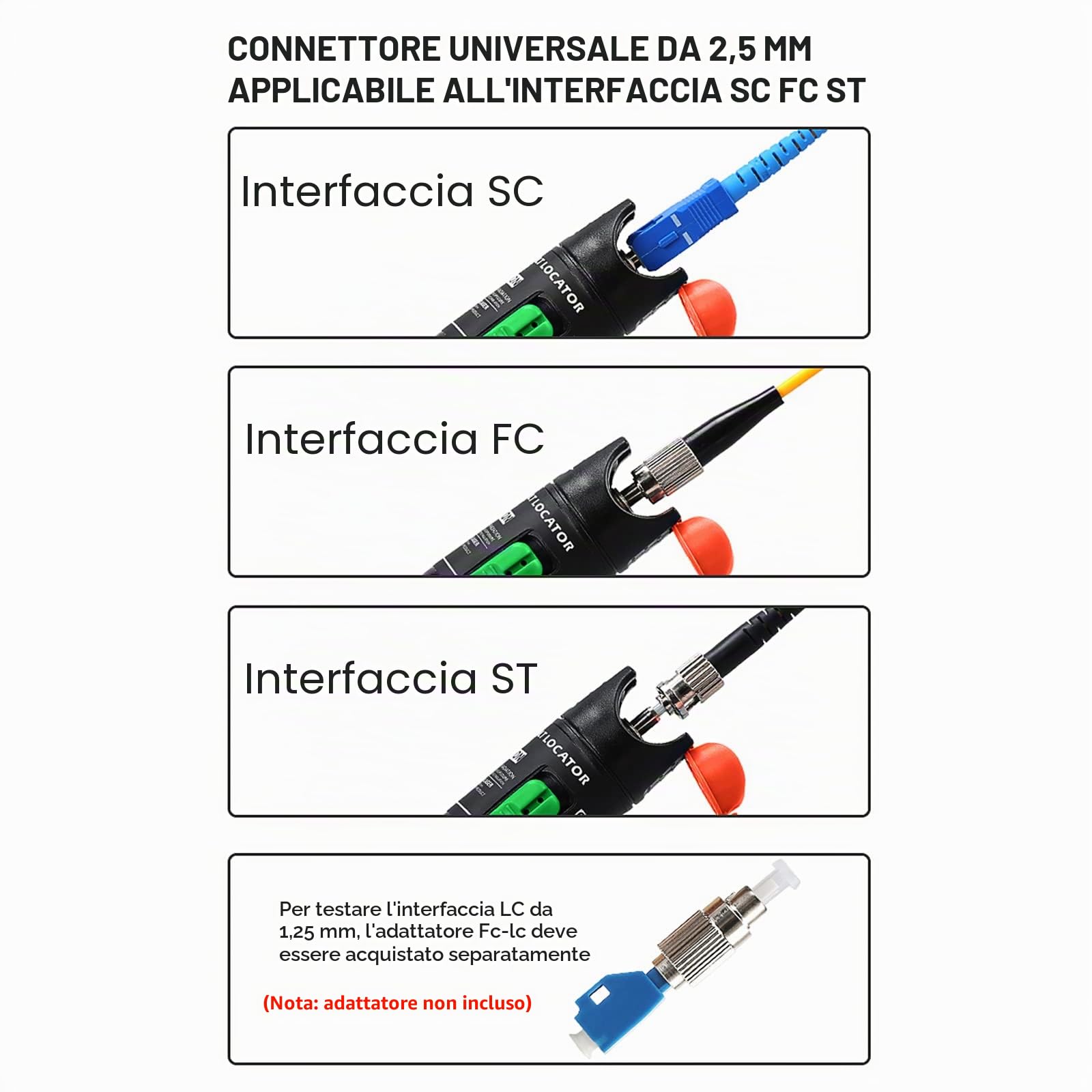 Localizzatore di guasti in fibra ottica 30mW, 30KM VFL Tester per cavi in ​​fibra ottica per connettore universale da 2.5 mm Adattatore da FC a LC per CATV, tester per cavi di rete (Verde)
