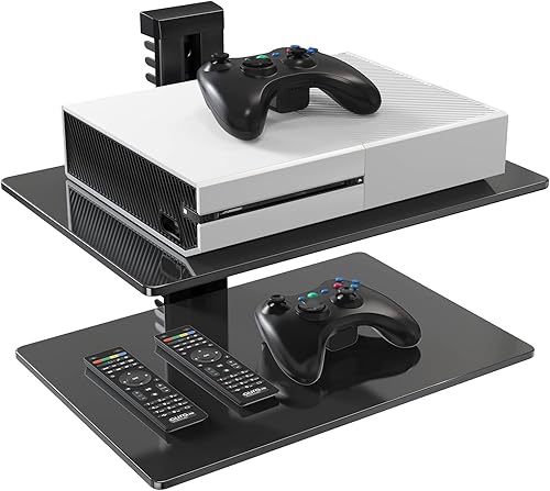 PERLESMITH librero para DVD, DVR, AV de 15 x 11 pulgadas con refuerzo de cristal templado, Negro