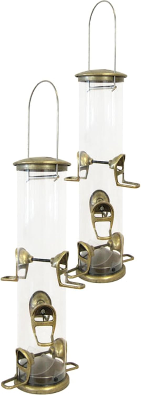 Aspects Big Tube Wild Bird Feeders Set of 2, Antique Brass 3 Quart Tube Bird Feeders with 6 Feeding Ports, Quick Clean Base, Polycarbonate Seed Tubes, Hang or Pole Mount Backyard Bird Feeders