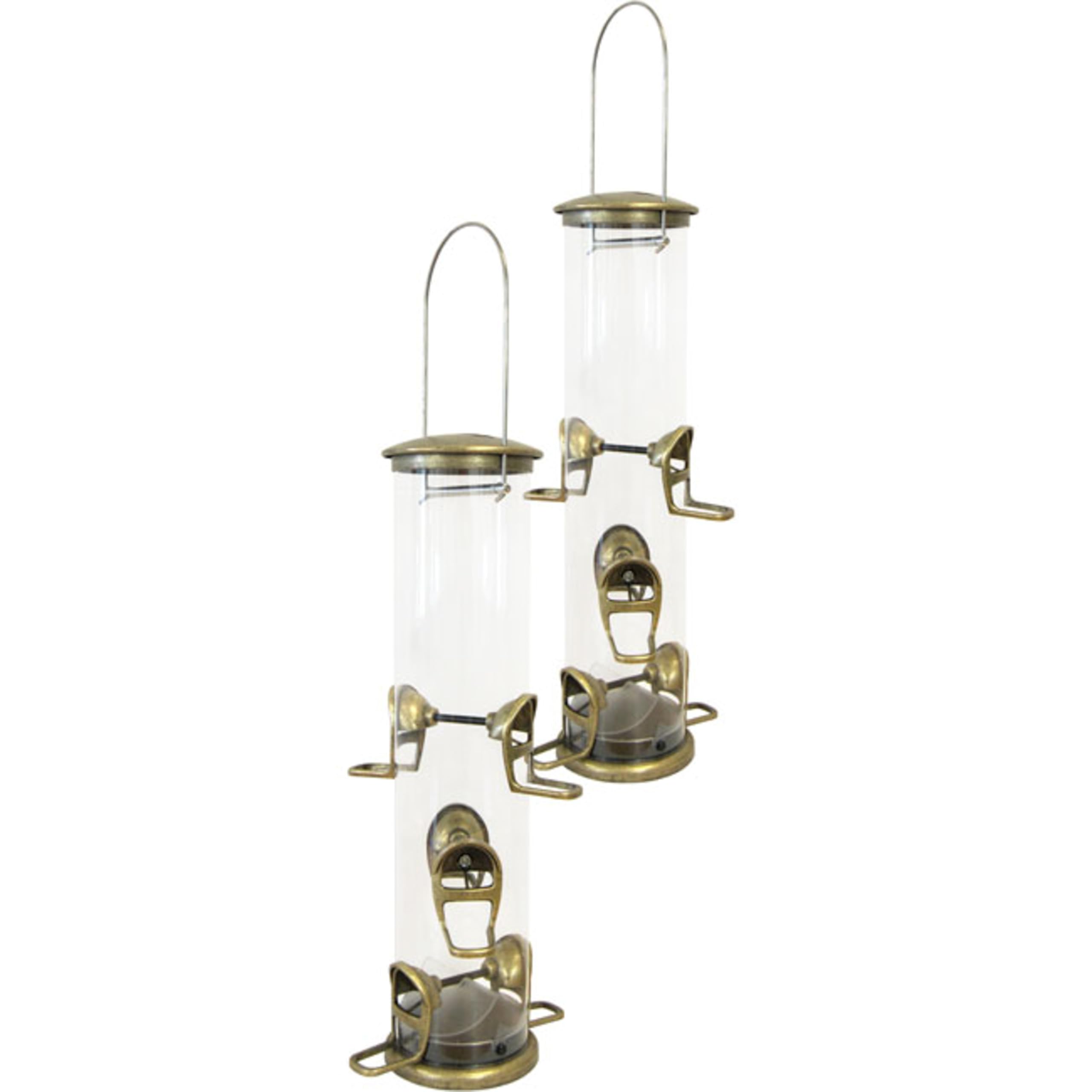 Aspects Big Tube Wild Bird Feeders Set of 2, Antique Brass 3 Quart Tube Bird Feeders with 6 Feeding Ports, Quick Clean Base, Polycarbonate Seed Tubes,