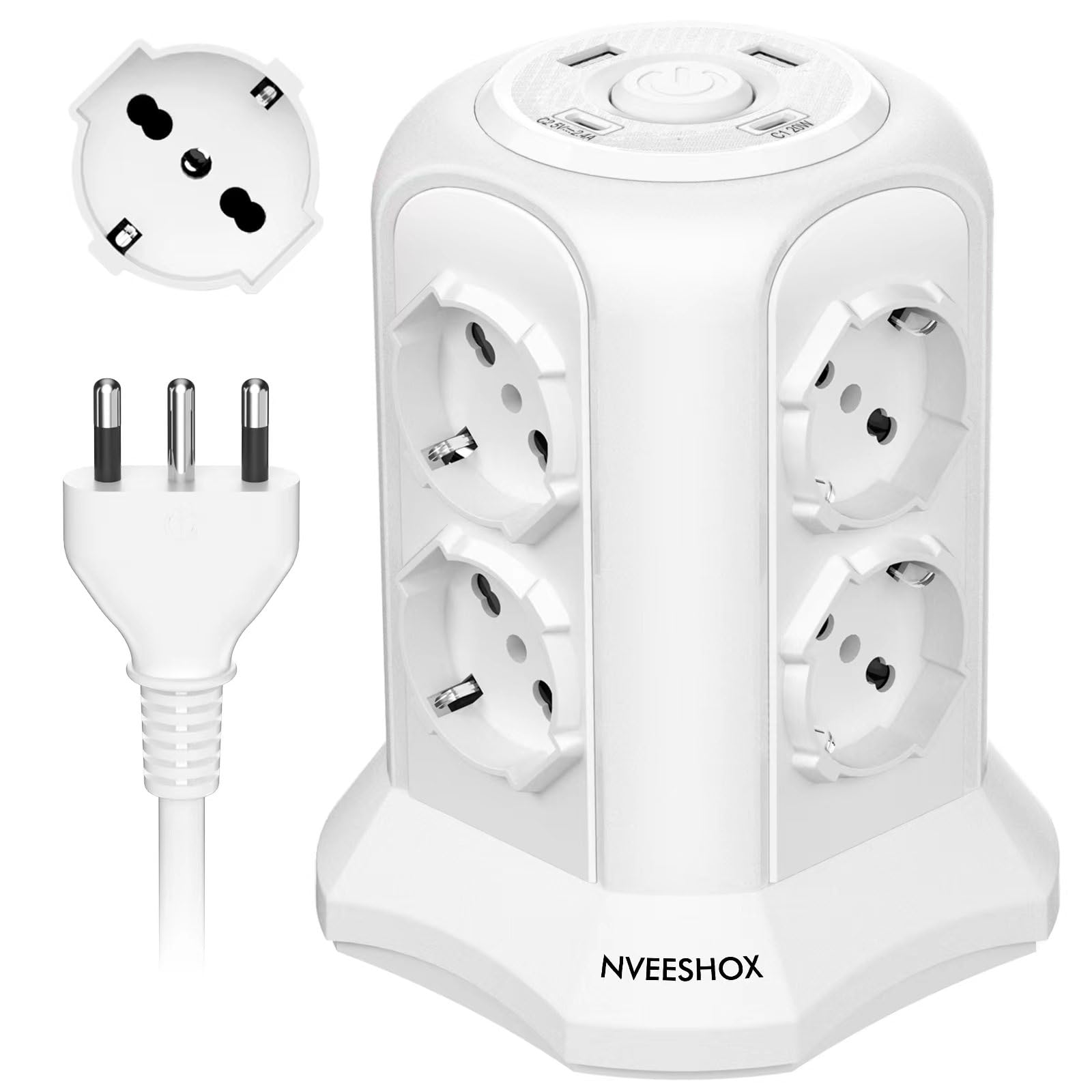 NVEESHOX Multiprise avec 8 prises universelles ITA 10/16 A et Schuko, 2 USB-C et 2 USB-A (20 W PD3.0), 4000 W/16 A, tour de protection surtension avec interrupteur, 2 m câble (blanc)