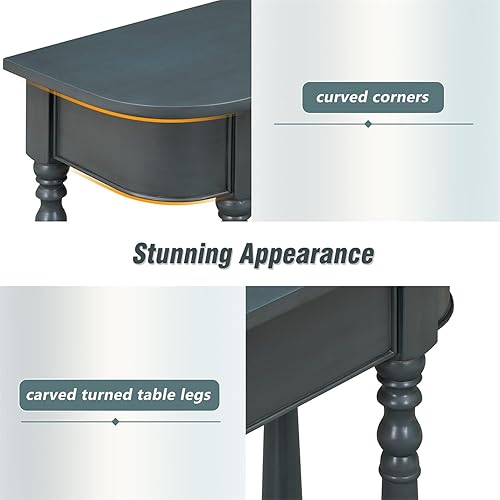 Miniatura 54 de Polibi Mesa consola curvada retro con estante de estilo abierto y 4 cajones superiores, mesa de entrada de media luna de 52 pulgadas de ancho con