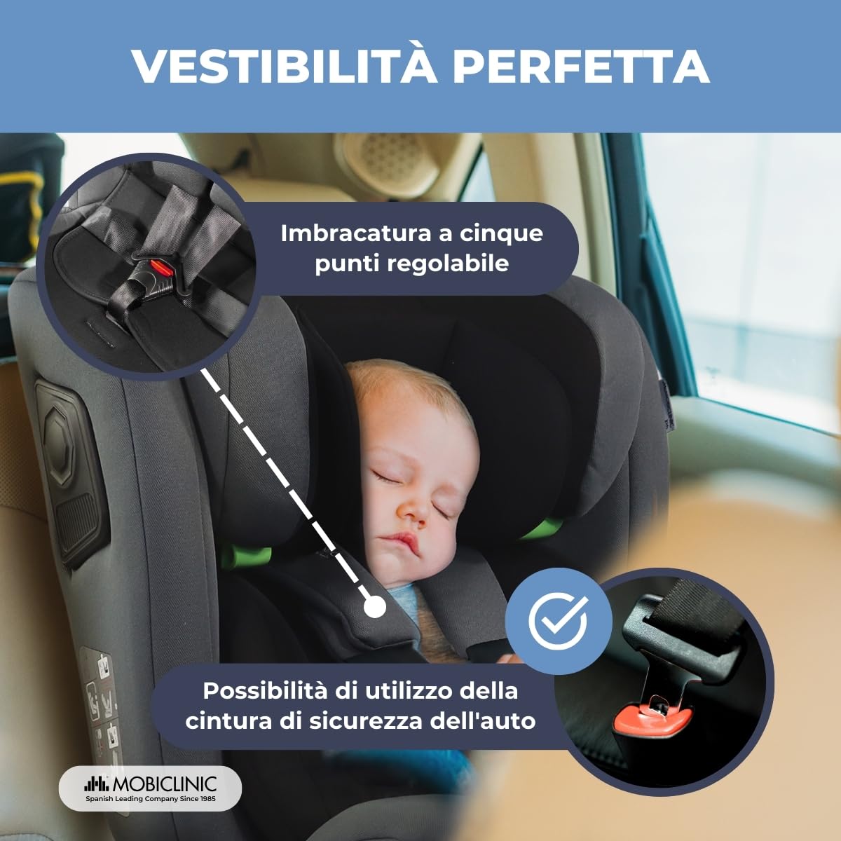 Mobiclinic®, Seggiolino Auto, ISOFIX, Girevole 360º, I-Size ECE R129, Top Tether, Gruppo 0/1/2/3, Convertibile, 0 a 36kg, Cintura 5 punti, 0 a 12 Anni, Regolabile, Reclinabile in 3 Posizioni, Pandafix