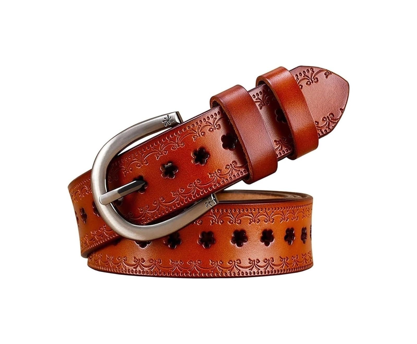 dfEDRd Ladies Waist Belt, 90-115cm Women Hollow Genuine Leather Belts Vintage Pin Buckle Floral Print Cowhide Waistband(Brown,100)