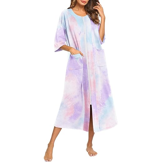 Ekouaer Womens Zipper House Coat 3/4 Sleeves Robe Zip Up Bathrobes Plus Size Tie Dye House Dress Loungewear(Multicoloured 3,XXL)