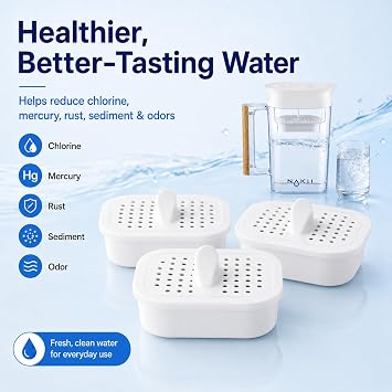 Nakii Genuine Original NFP-100 Replacement Water Filters, Official Nakii Pitcher Filter Refills, 3 Pack, WQA Certified, NSF Grade, 150-Gallon Long Life Filters, Reduces Chlorine, Mercury, Rust & More
