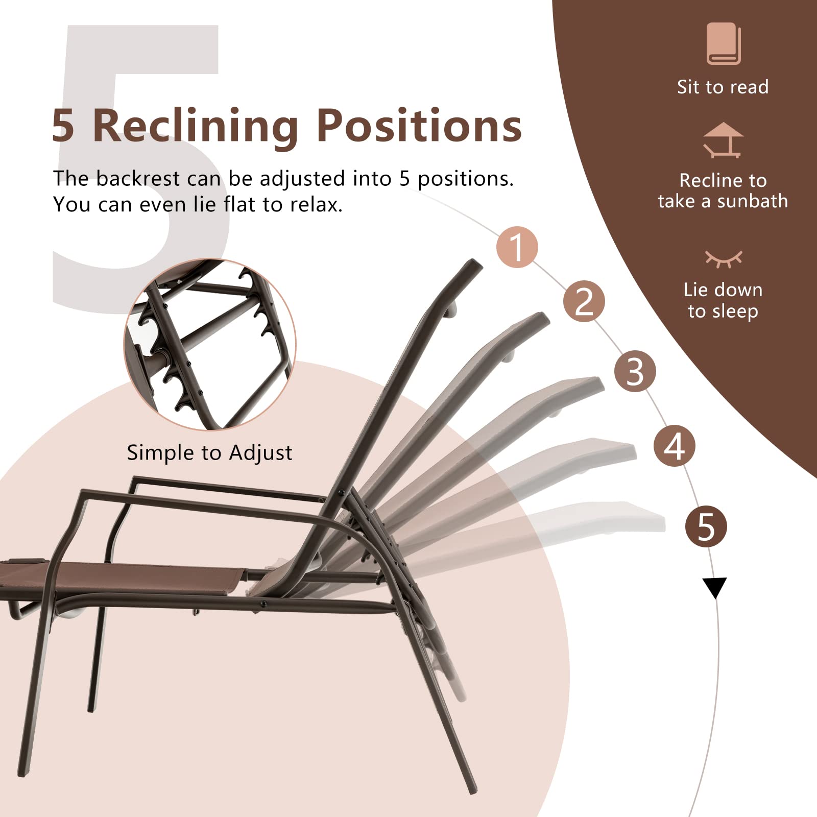 Giantex Lot de 2 chaises longues pliantes - Avec dossier réglable sur 5 niveaux - En cadre en acier et textilène - Charge maximale : 150 kg - Marron