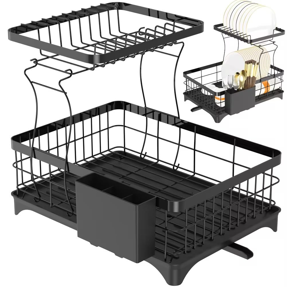Dish Drying Rack- Durable Large Dish Racks for Kitchen Counter, Dish Drainer with Drainboard,Kitchen Organization and Storage for Pioneer (Black)