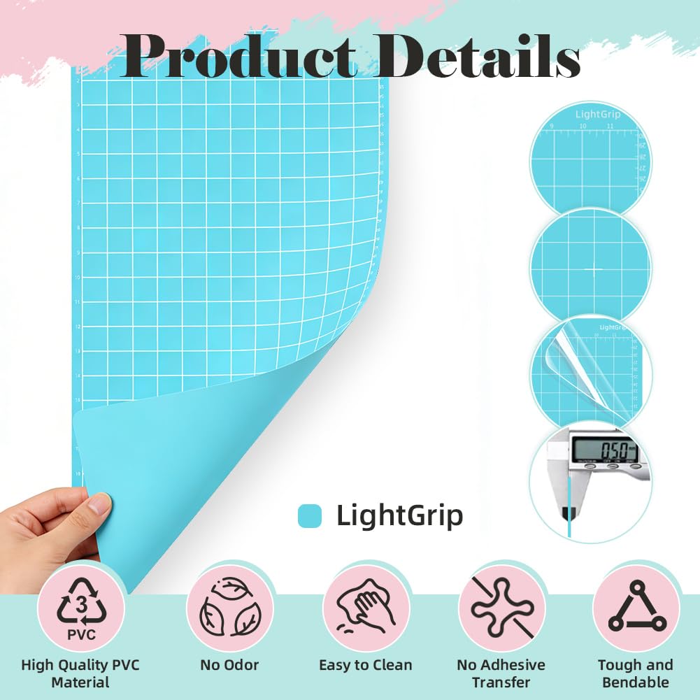 3 Pezzi Tappetino da Taglio Adesivo LightGrip 30x60cm per Cricut, Tappetino Ricambio 12x24 Pollici Compatibile con Cricut Maker 3/Maker 4/Maker/Explore 3/4/One/Air/Air 2 con Raschietto