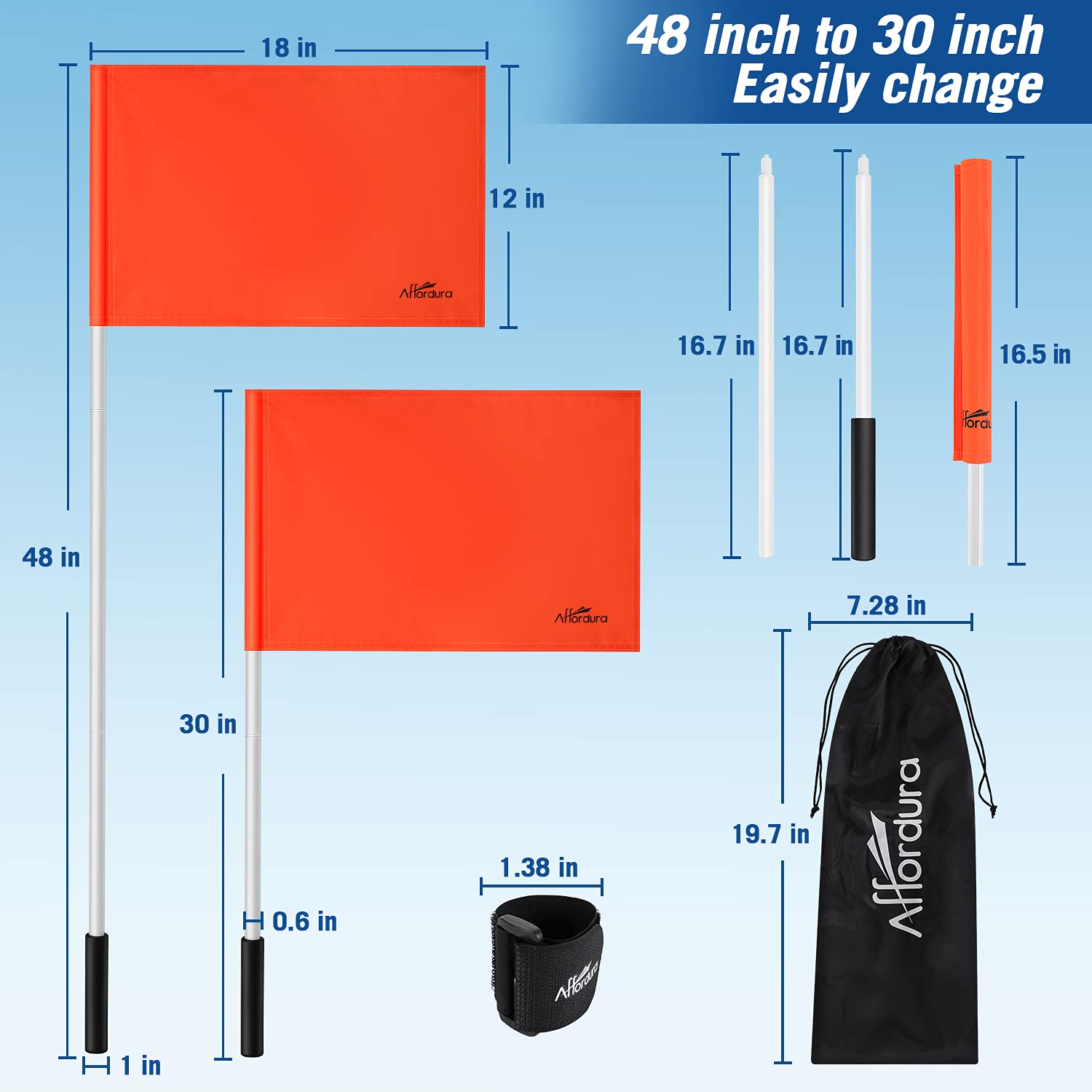 Affordura Bandera de esquí acuático de 101 cm, bandera de barco de color naranja, 3 secciones, bandera de seguridad para barco, con protector de bandera y bolsa de almacenamiento