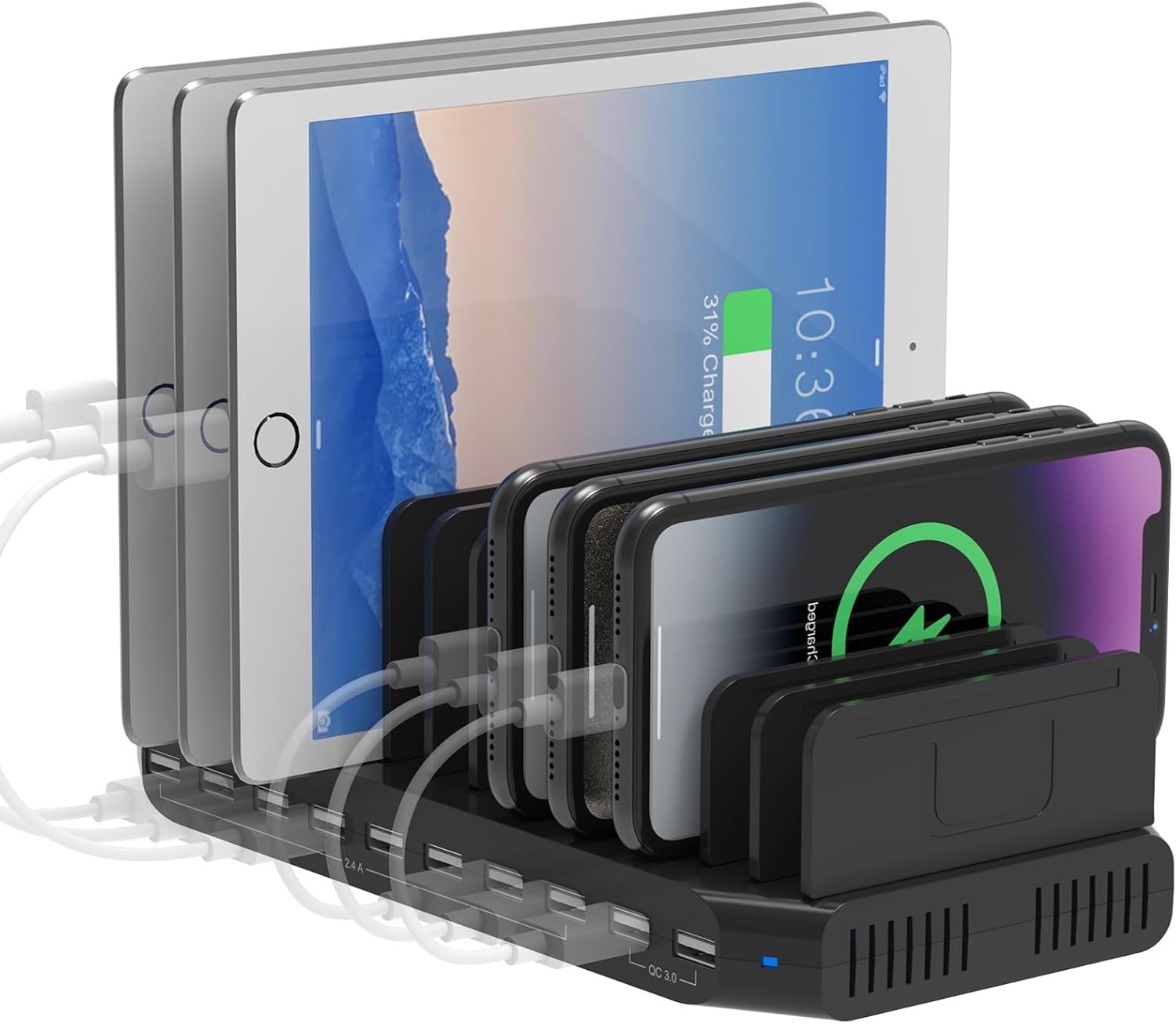 Alxum Estación de Carga Rápida USB 60W 10 Puertos para Múltiples Dispositivos, Estación de Carga USB para Teléfono Móvil, Tableta, Negro