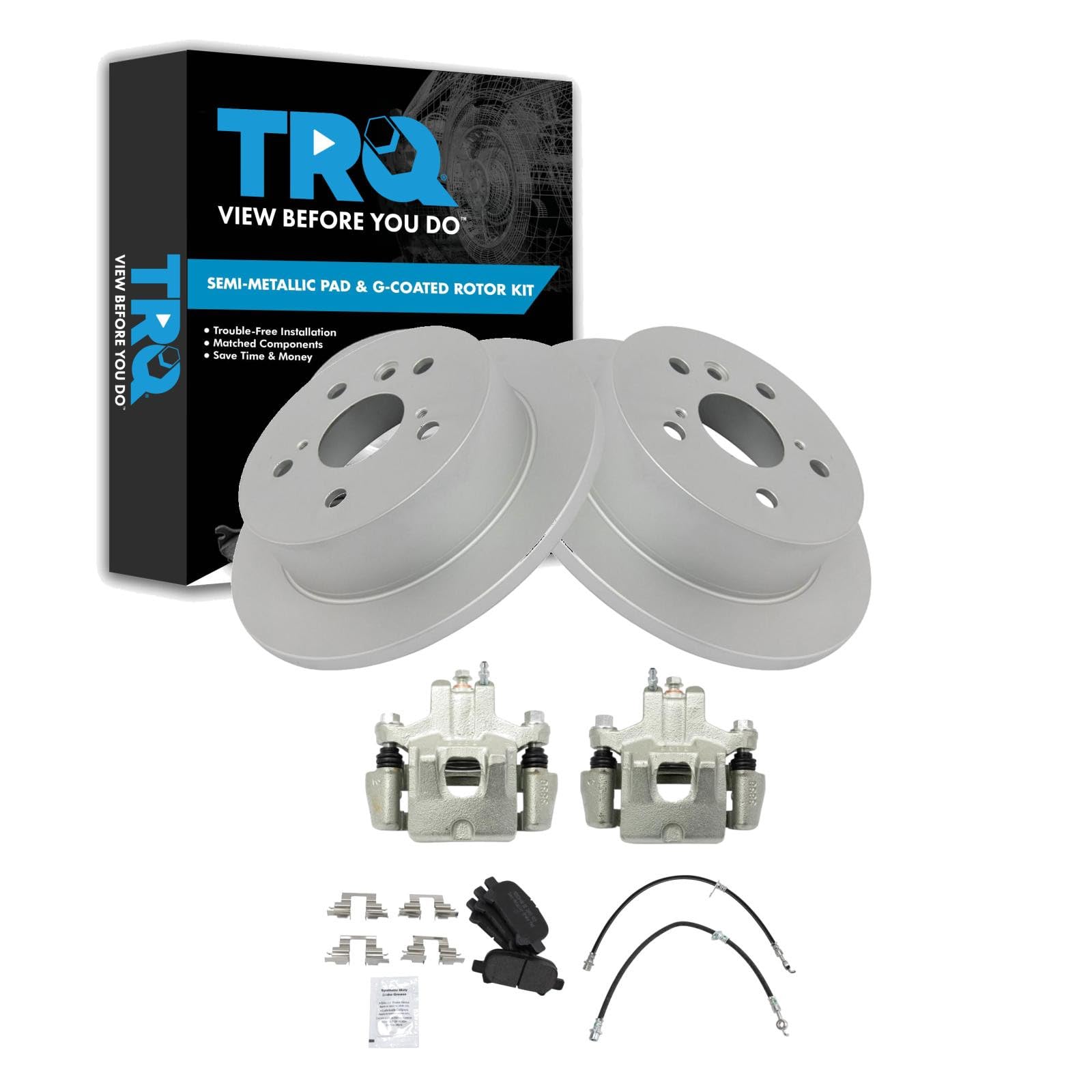 TRQ Rear Brake Pad and Rotor Set Semi Metallic Coated Rotors Calipers Compatible with 2006-2007 Toyota Avalon 2006-2008 Solara