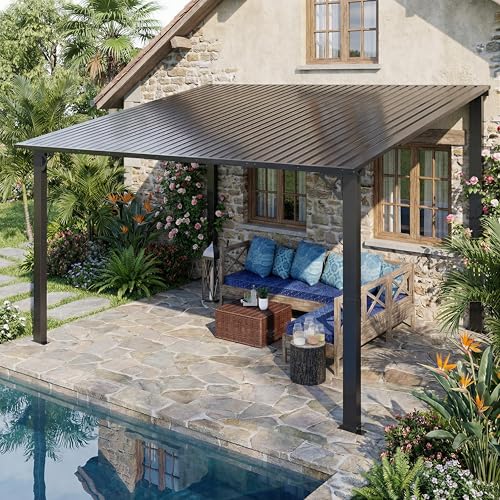 BETISEF 10'x12' Lean to Gazebo, Hardtop Pergola with Metal Roof, Wall Mounted Heavy Duty Canopy Awning for Backyard, Deck and More