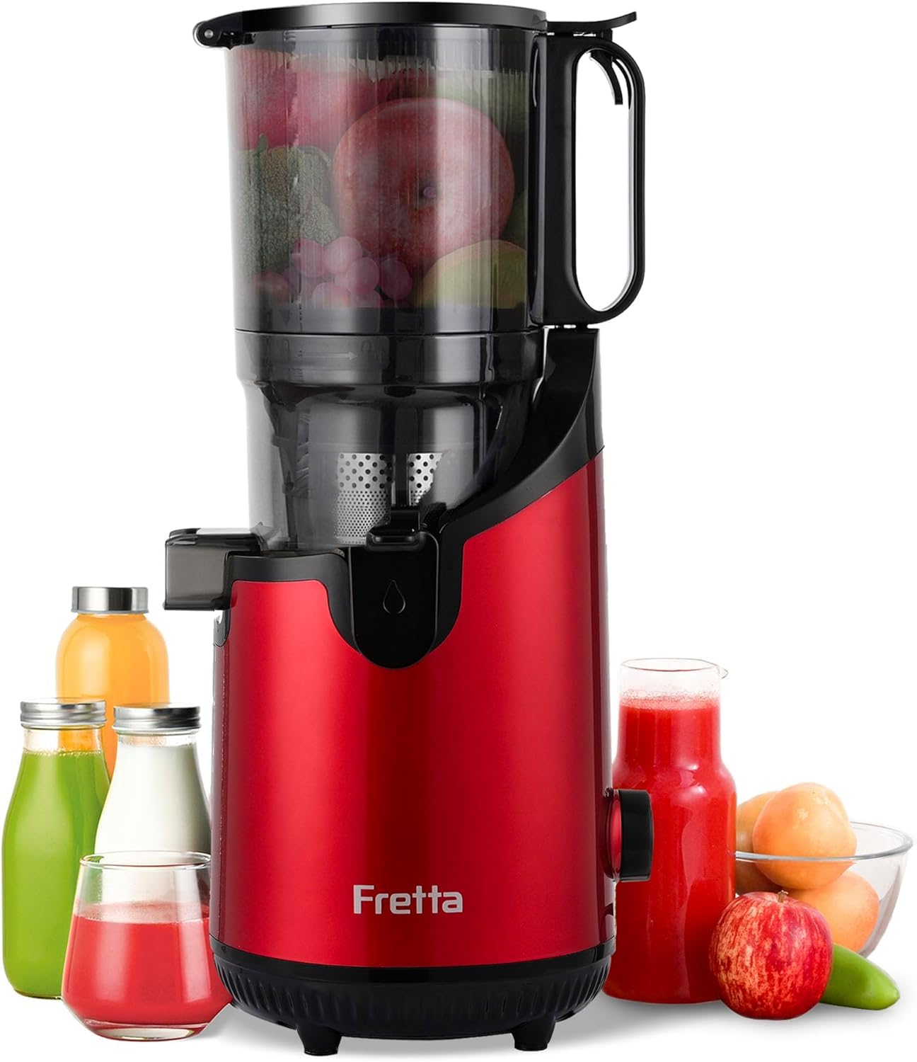 Cold Press Juicer,Fretta Juicer Machines with American-Sourced PCTG Material and 5.3" Extra Large Feed Chute,Fit Whole Fruits &amp; Vegetables,BPA Free 250W(Red,1.8L)