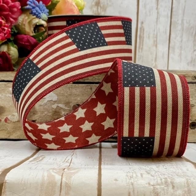 d. Stevens Fine Ribbon 2.5 Inch x 10 Yards Patriotic Wired Ribbon Linen Americana Flag Stars Red White Blue Americana Ribbon for Wreaths Bows Gift Wrap Holiday Decor & 4th of July Decor