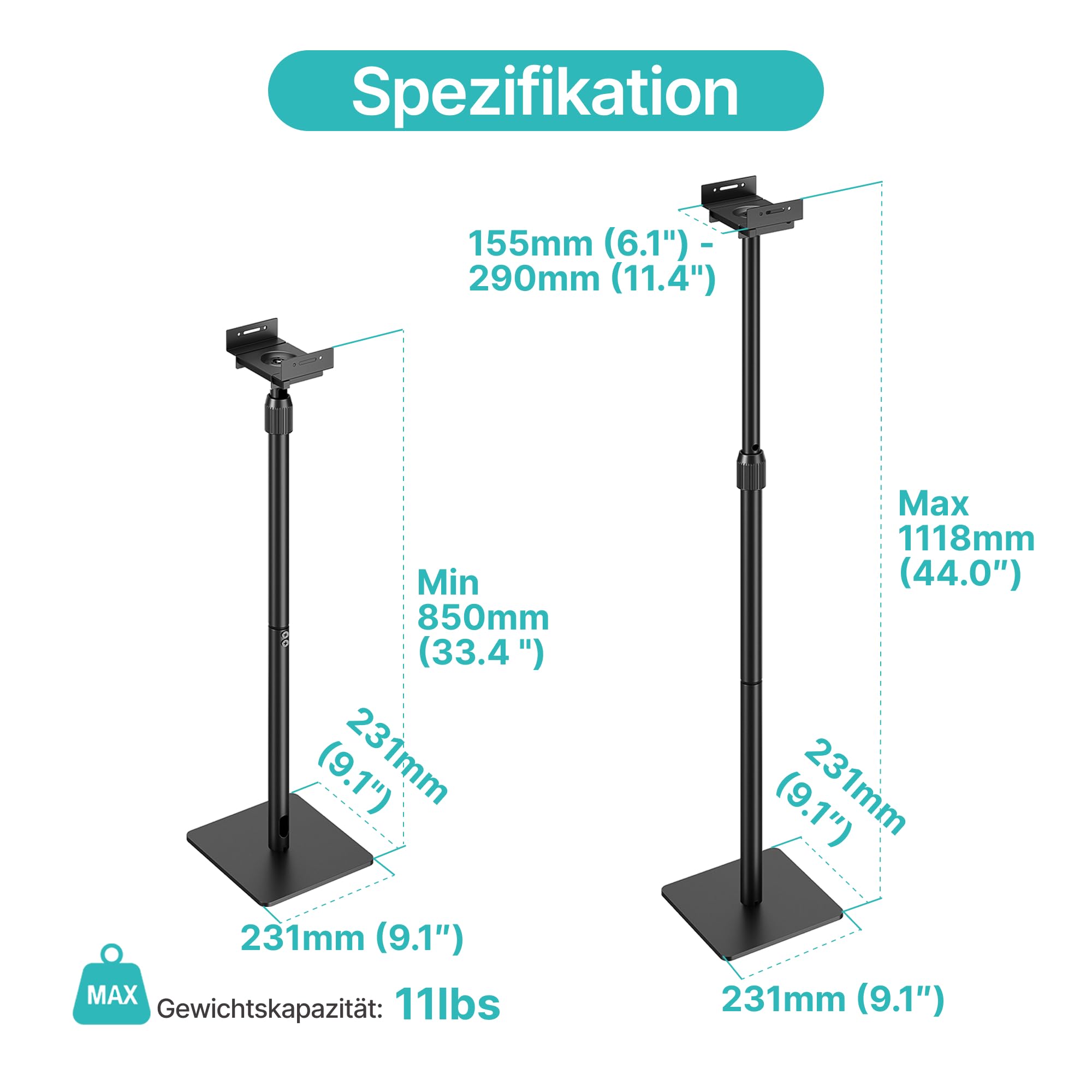 Pegzone Universal Lautsprecherständer, Boxenständer höhenverstellbar von 85,8 cm bis 112,8 cm,Tragfähigkeit 5 kg, kompatibel mit Bose/JBL/Sony, schwarz, 2er-Set (Paar)