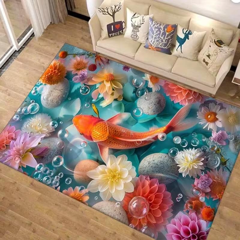 Tapis de salon Koi Lotus antidérapant lavable en machine