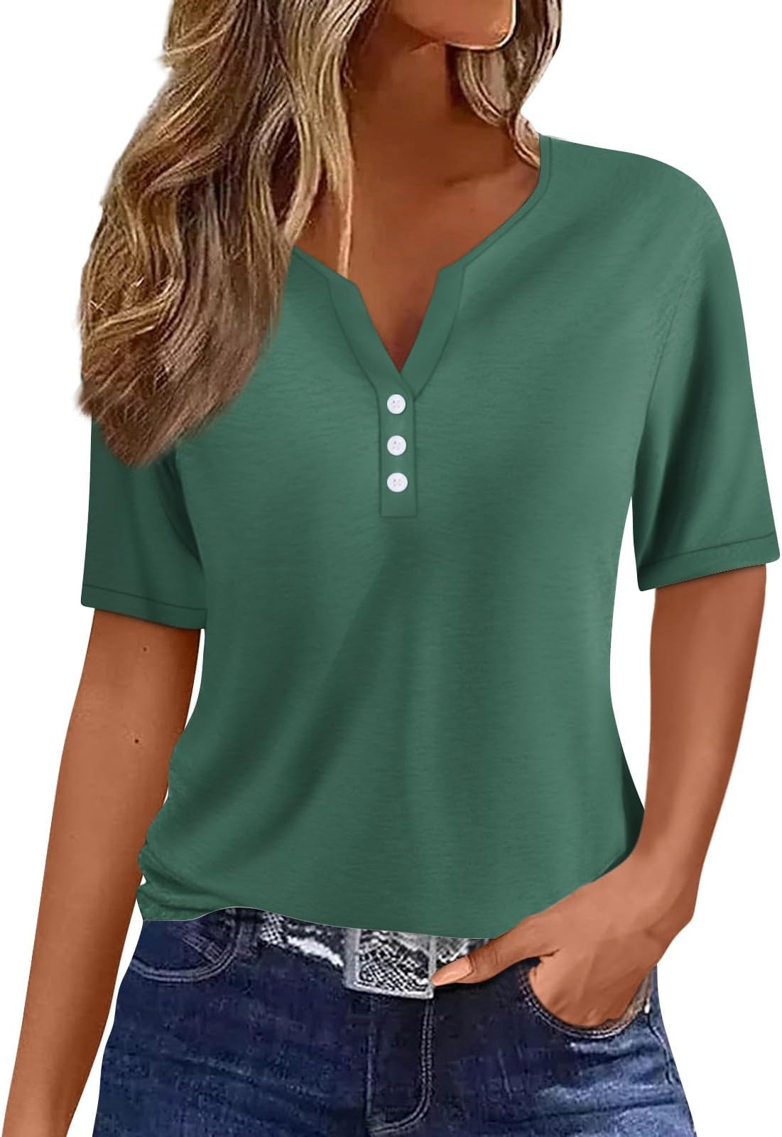 GenericWomen's Fashion Casual Solid Color Gradient Button T-Shirts Loose Basic V Neck Short Sleeve Summer Tops Regular Office Clothes Everyday Going Out Pullover, S to 3XL