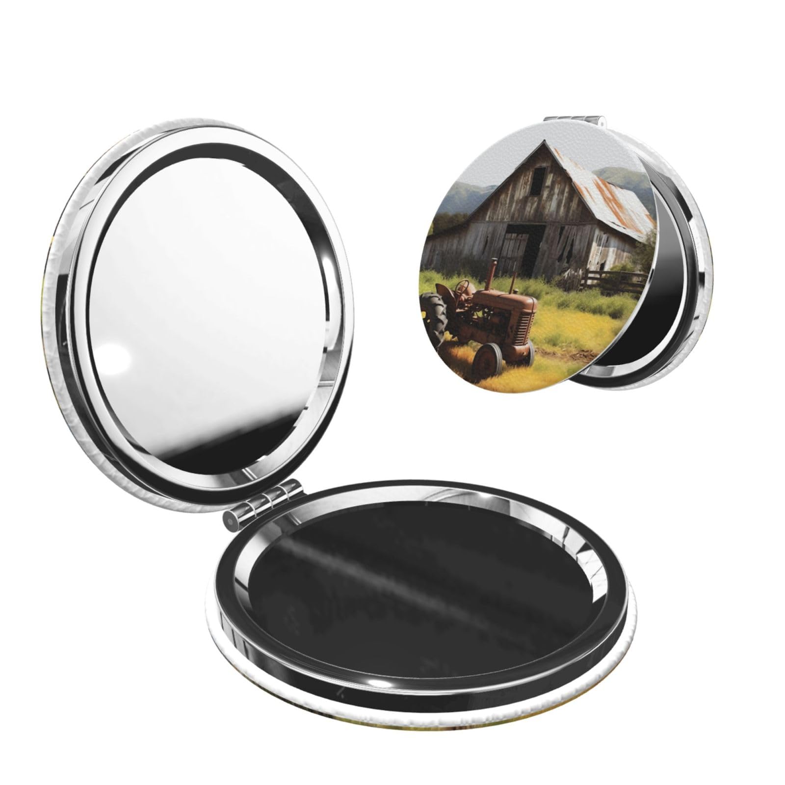 DWVTSLH Old Wooden Barn with Rusted Tractor Compact Mirror for Purse, Double-Sided 2X/1X Magnifying Mirror for Women Men, Travel Makeup Mirror for Handbag, Handheld Vanity Mirror for Gift