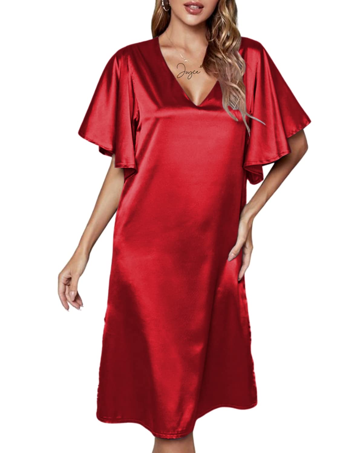 JFAN CamisóN SatéN para Mujer Vestido Sexy Seda Cuello En V Ropa De Dormir De Verano Manga Corta 3/4 Tamaño Grande
