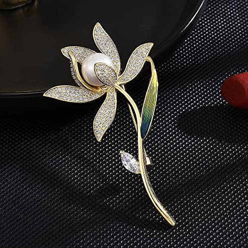 Broche orchidée en émail vert et perles d'eau douce d'exception