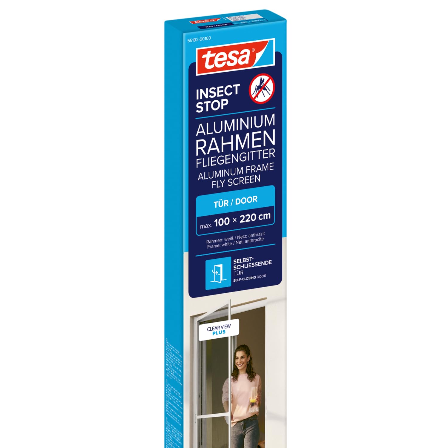 tesa Insect Stop Aluminium for Doors Frame Fly Screen - Insect Screen with Aluminium Frame & Clear View - Door Insect Screen - 100 cm x 220 cm, White