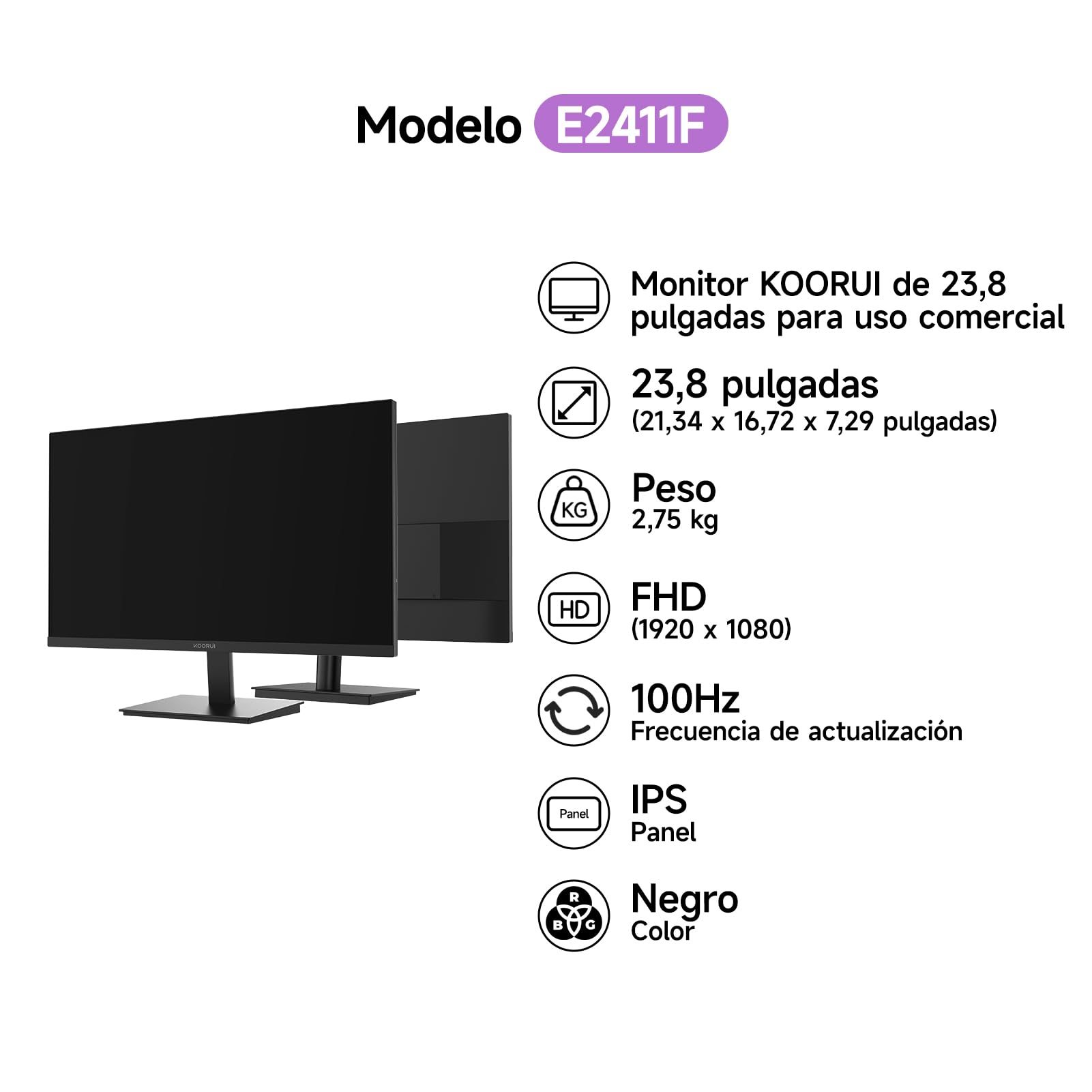 KOORUI Pantalla de 23,8 Pulgadas, IPS FHD Monitor,1920x1080,Monitor para PC de 100 Hz,con tecnología IPS y función de Cuidado Ocular, entradas HDMI y VGA,VESA 100 x 100 mm