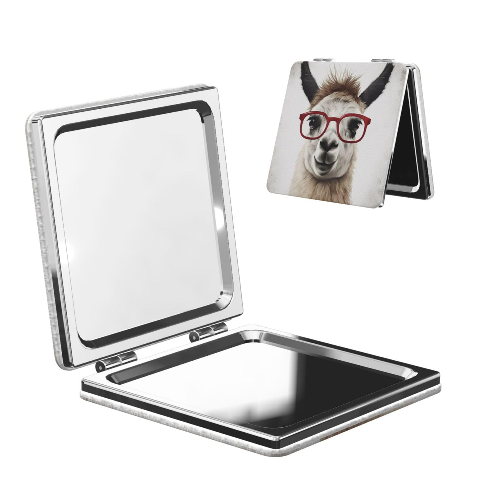 DWVTSLH Llama with Glasses Compact Mirror for Purse, Double-Sided 2X/1X Magnifying Mirror for Women Men, Travel Makeup Mirror for Handbag, Handheld Vanity Mirror for Gift