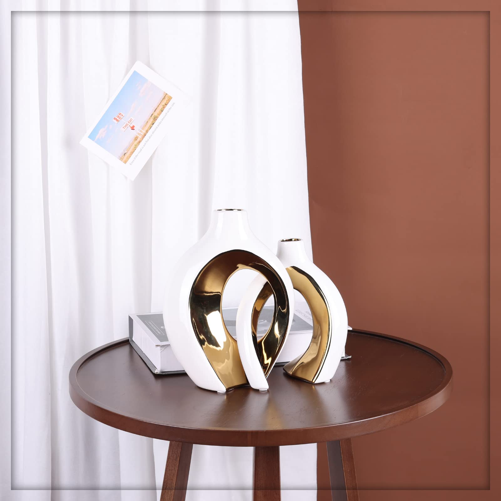 keramische Vase Dekor 2pcs Set, moderne böhmische Dekoration, Weiß und Gold skandinavischen minimalistischen Stil Raumdekoration, geeignet für Tisch Centerpiece, Bücherregal, Home Decor(W+G)