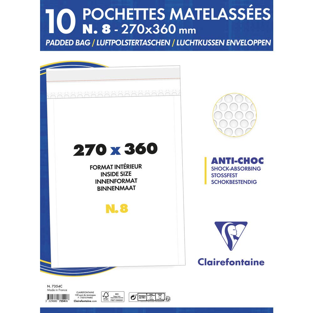 Clairefontaine 7354C - Paquete de 10 sobres acolchados de burbujas blancos de 270 x 360 mm - 90 g/m²