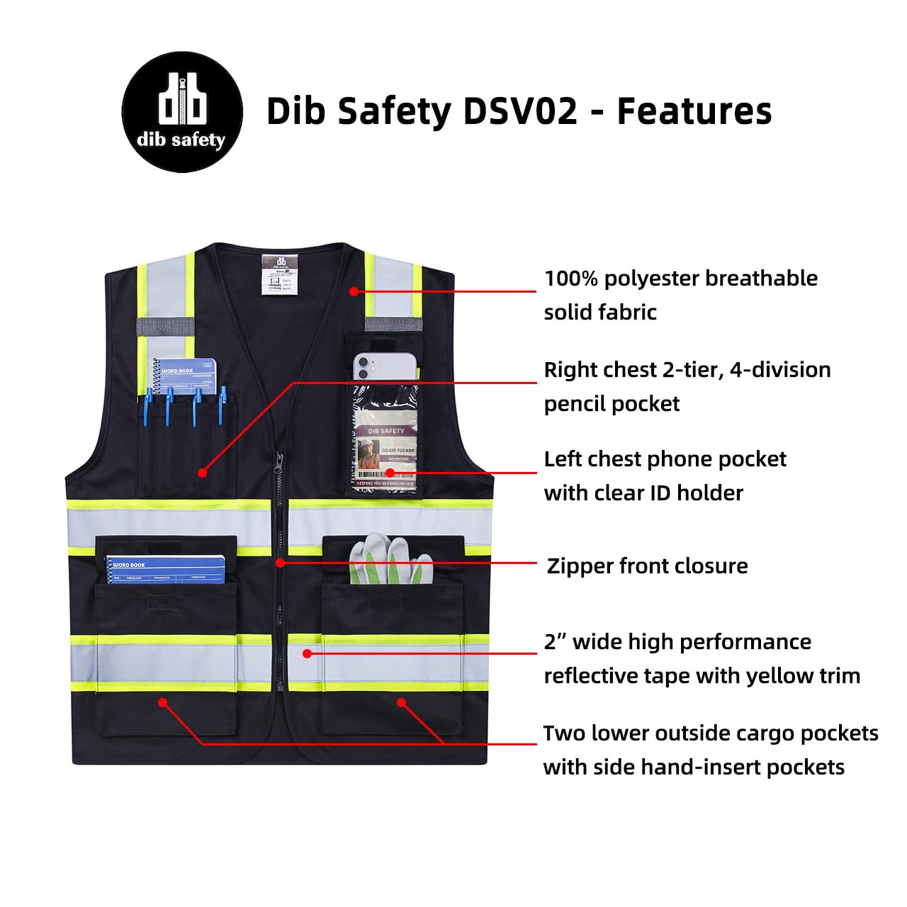 Dib Safety Vest Reflective ANSI Class 2, High Visibility Vest with Pockets and Zipper, Construction Work Vest Hi Vis