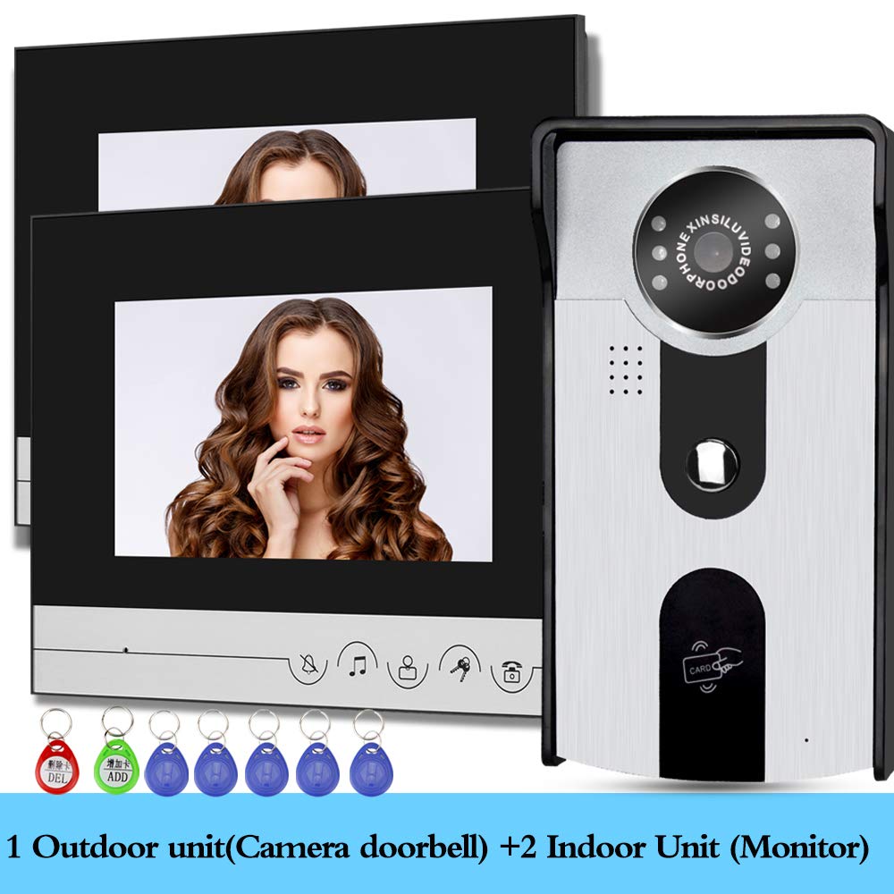 Videocitofono RFID 7 '' TFT Color IR Telecamera da Esterno CMOS con Campanello in Metallo Impermeabile Monitor 700TVL + 5pcs ID utente Telecomando per Casa (2 Monitor della 1 Fotocamera)