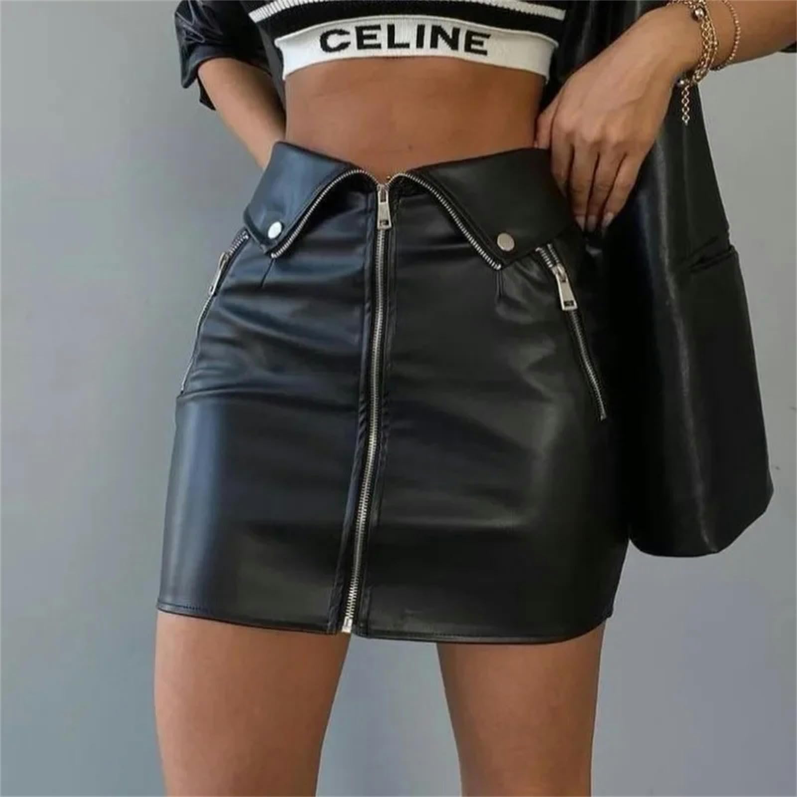 Gonna Lunga Donna Estate Gonna in Pelle Pu Scapa Nera Zit Up per Women Club Party Mini Gonna Femmina