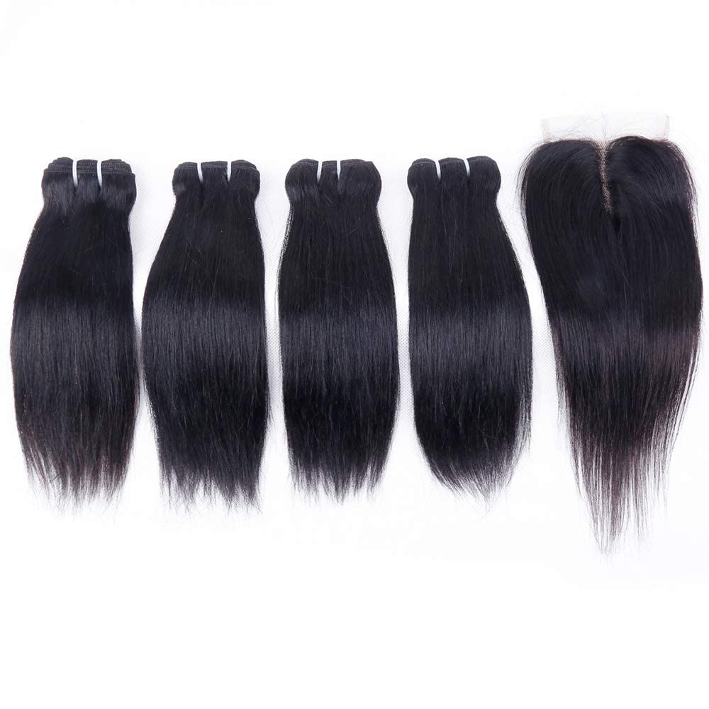 Straight Human Hair Bundles with Closure(10 10 10 10+10) Straight 4 Bundles and Closure 50g/bundle Unprocessed Straight Brazilian Short Bob Hair Natural Color - Image 2